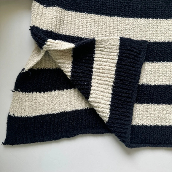 Zara Striped Chunky Knit Sweater Blue Cream V Neck Boxy Fit Nautical Preppy Sz L - Picture 10 of 16